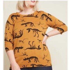 ModCloth Dinosaur Knit Sweater S Dark Mustard Yellow Pullover 3/4 Sleeves